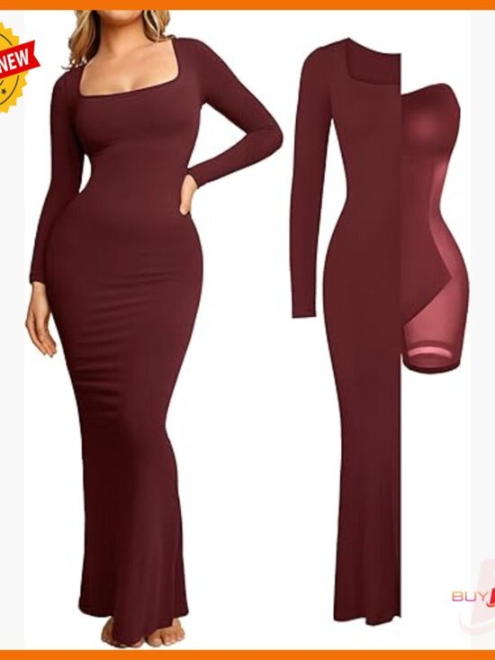 Dresses & Skirts - Long Sleeve Maxi Dress with Built-in Shapewear Bra, Square Neck Bodycon